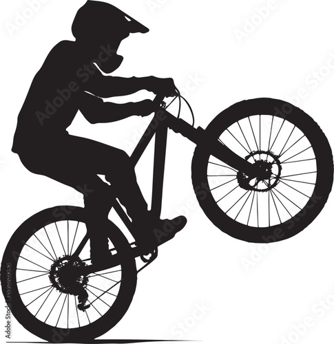 Mountain Biker Wheelie Silhouette Vector in Bold Black Style