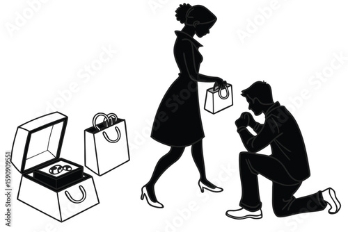 Man proposing to woman with engagement ring gifted after shopping bags