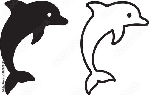 Dolphin Silhouette and Outline Vector Illustration in Minimal Black Style