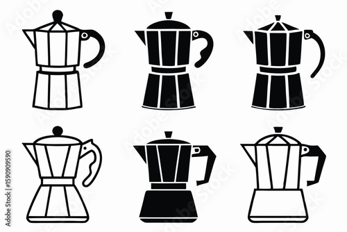 Minimalist collection of black and white moka pot coffee maker designs and outlines