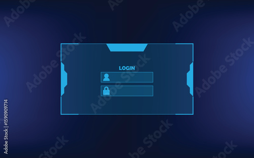 A futuristic login form and user interface on a blue technology background. Secure password and username authentication for a hi-tech web or app sign-in screen.
