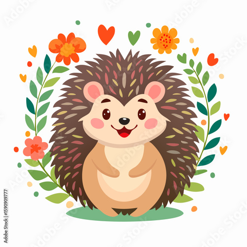Sweet and colorful hedgehog character encircled by lively leaves and hearts, emphasizing affection, nature, and joy, perfect for nursery art, kids’ clothing, or nature-themed illustrations.
