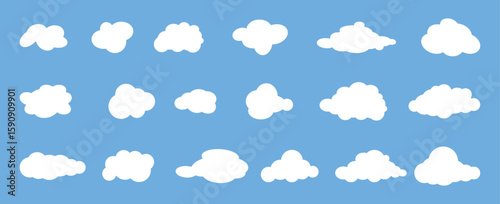 Simple Cartoon White Cloud Set on Blue Background – Cute Vector Illustration