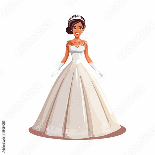 Stylish full-body vector of a bride wearing a vintage lace wedding dress with gloves and retro hairstyle, plain white background