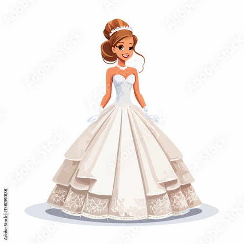 Stylish full-body vector of a bride wearing a vintage lace wedding dress with gloves and retro hairstyle, plain white background