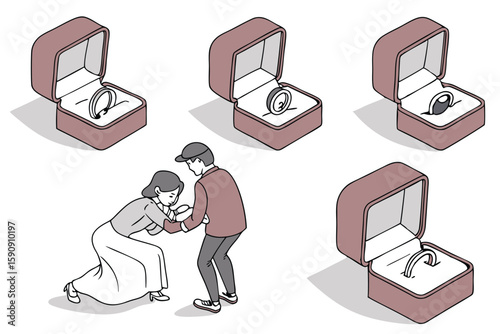 Romantic illustration of a proposal with engagement rings and a man proposing to a woman