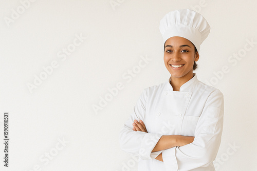 Young female chef smiling with copy space