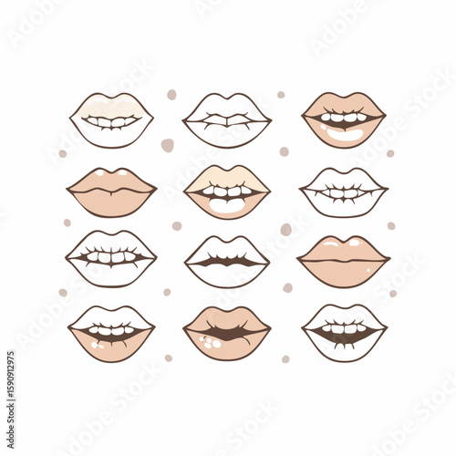 Diverse lip sketches in neutral and warm tones, emphasizing beauty, expression, and style, suitable for beauty industry, fashion campaigns, branding, or creative artworks.
