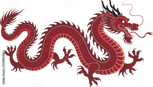Majestic red chinese dragon silhouette with intricate scale details