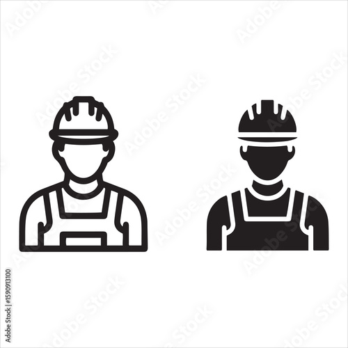 Two stylized figures of construction workers in hard hats and overalls