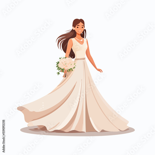 buatkan 10 prompt bahasa inggris vector pengantin wanita foto full body background putih polos