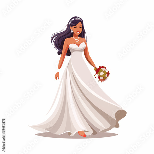 buatkan 10 prompt bahasa inggris vector pengantin wanita foto full body background putih polos