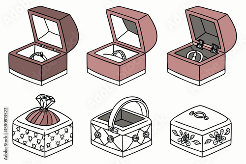 Six decorative boxes featuring rings and jewelry perfect for proposing romance and celebrating occasions