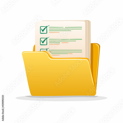 Simple graphic of a yellow folder with papers and checkmarks, ideal for business, office, data management, documentation, filing, or administrative tasks.
