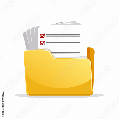 Digital illustration of a yellow file folder containing documents with checkmarks, symbolizing organization, record keeping, filing system, paperwork, and administrative management.
