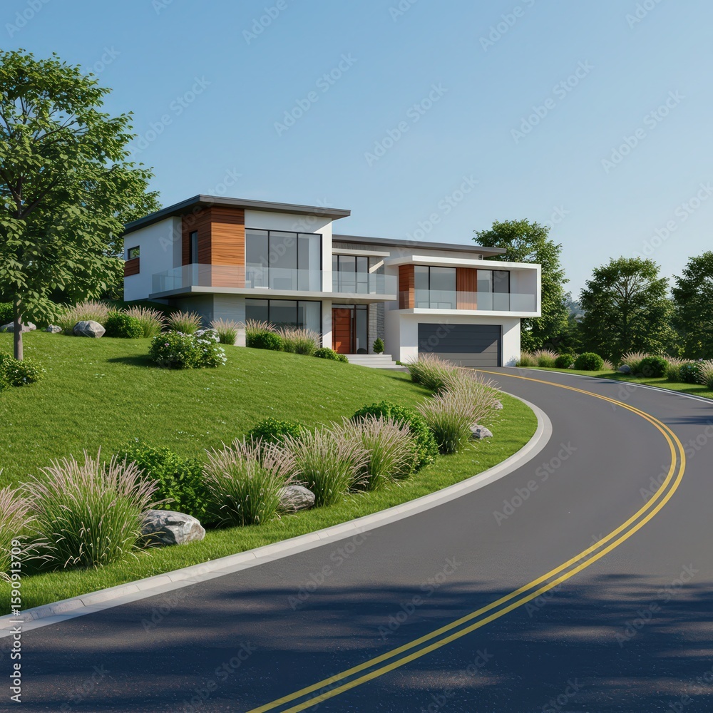 Modern house on a hill with a winding road leading up to it on a sunny day with clear blue sky view Modern house on a hill with a winding road leading up to it on a sunny day with clear blue sky view