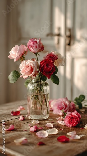 Wallpaper Mural Roses in a bottle: Pink and red roses are placed in a transparent glass bottle, and petals are scattered on the wooden table, creating a warm and romantic atmosphere Torontodigital.ca