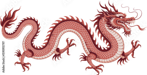 Majestic red chinese dragon with intricate scales and flowing mane silhouette