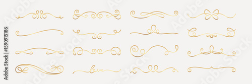 Vector set. Elegant gold swirls and flourishes. Decorative gold swirls for design. Use these gold flourishes for invitations. Gold swirls add elegance to any project. Hand drawn ornament vector set.