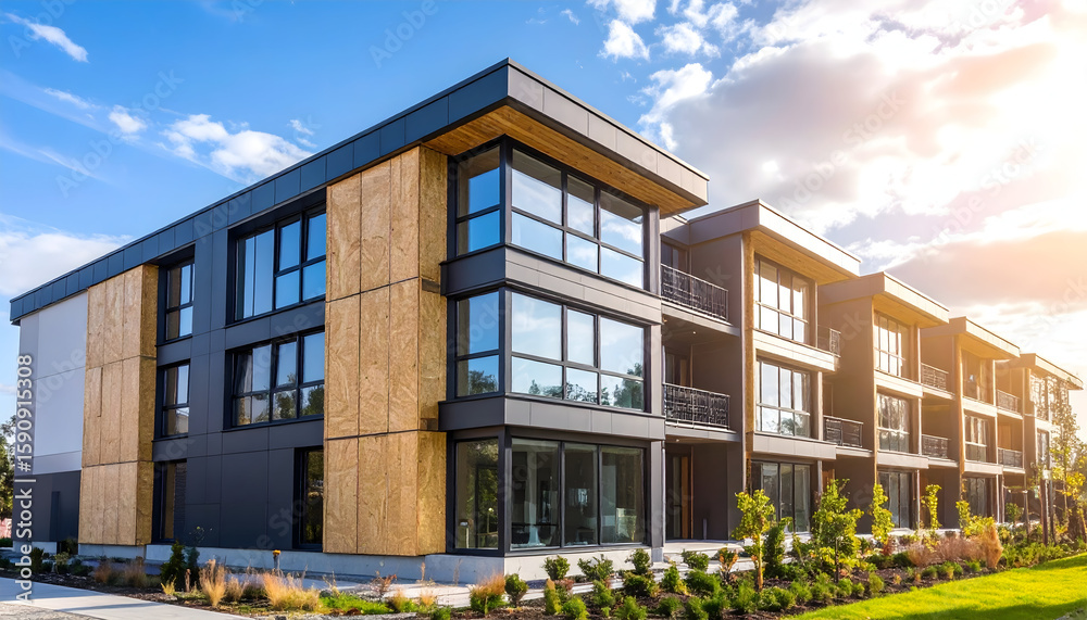 Fototapeta premium Modern Apartment Complex Exterior Under Sunny Sky