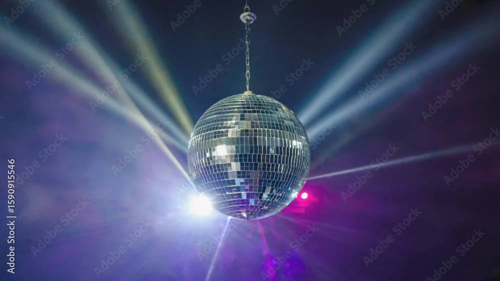 Fototapeta premium Close-up of a shimmering disco ball suspended in a dark room with colorful beams of light, evoking a retro night party atmosphere filled with motion, music, dancing and classic nightlife nostalgia