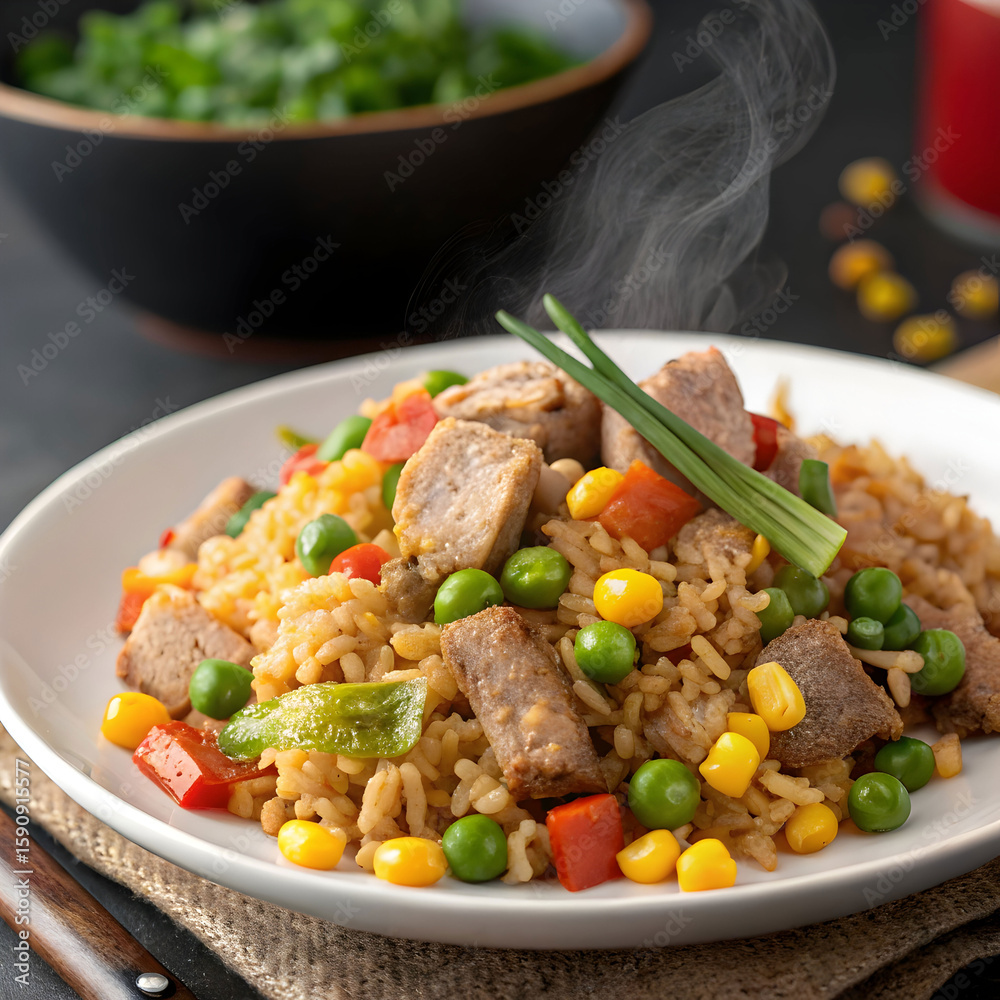 Fototapeta premium delicious pork fried rice with peas and corn