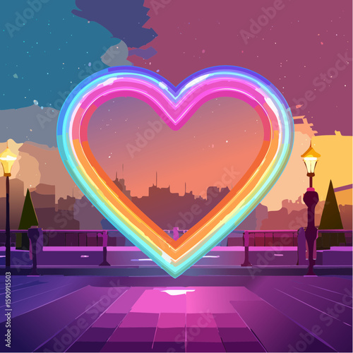 Bright neon double heart outline with sunset and cityscape, blending romance and modern technology, ideal for Valentine's Day, nightlife promotions, or love themes.

