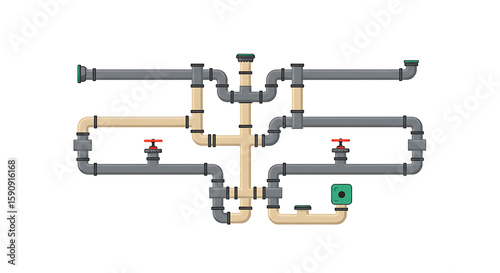 Plumbing Pipes System Flat Art Isolated on White Background