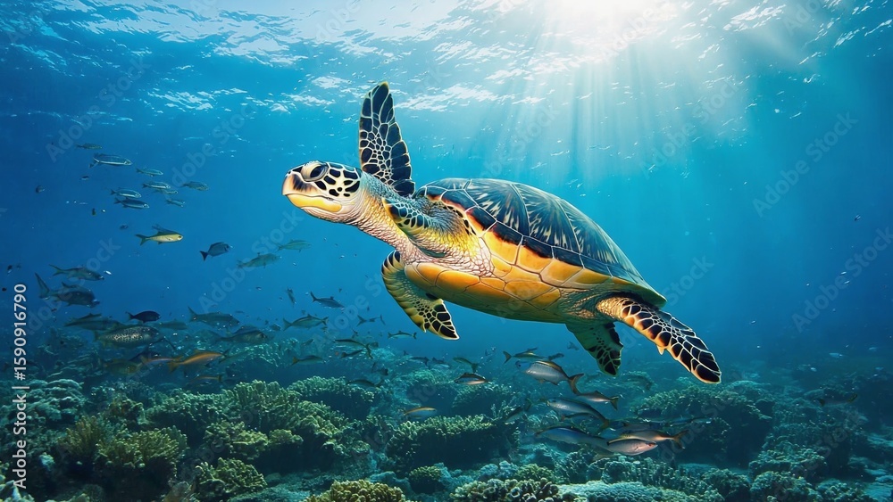 Obraz premium Underwater scene features a majestic sea turtle gliding through vibrant coral reefs, surrounded by diverse marine life, clear blue waters, illuminated by warm sunlight creating a mesmerizing spectacle