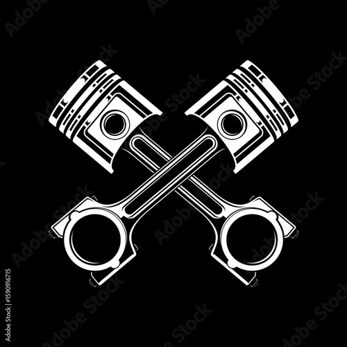 two crossed engine pistons with connecting rods, symbolizing power, mechanics, and automotive engineering. Perfect for gearheads or garage-themed logos, Engine Piston Vector. Car pistons vector illust