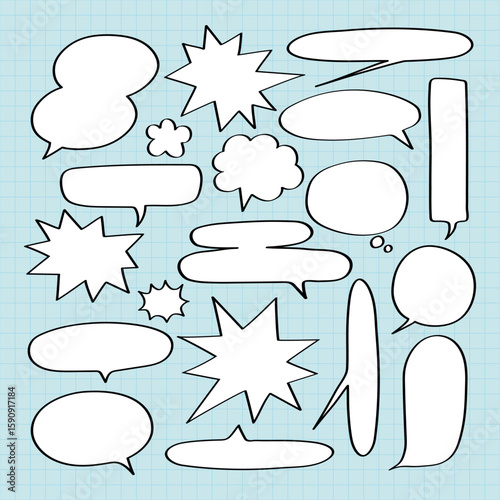 Collection of white speech bubbles on a blue background. Various shapes of speech bubbles, including clouds and bursts, ideal for comics and graphic design. Message illustration vector.