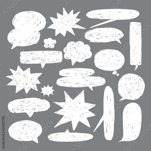 Chalk-style speech bubbles on a gray background. Various shapes of speech bubbles, like clouds and stars. Chalk texture adds a hand-drawn feel to speech bubbles. Message illustration vector.