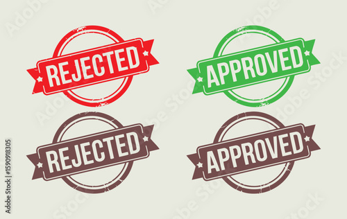 Approved and rejected stamp seals in red green and brown colors silhouette