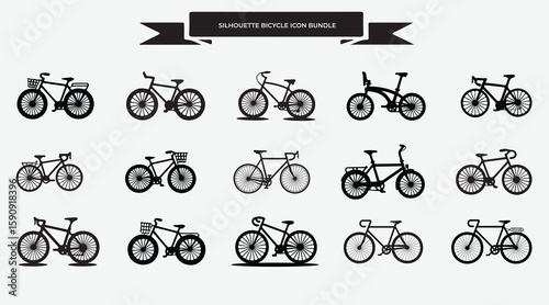 Silhouette bicycle icon bundle isolated on a white background, Editable Vector Bicycle Silhouette Icons on White Background. Clean and Simple Bicycle Icon Set Silhouette bicycle icon bundle isolated