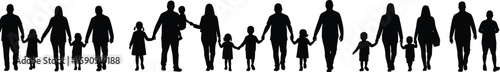 Diverse family silhouettes holding hands in unity and support, cad drawing flat vector illustration, generational bond, parenting, love, connection