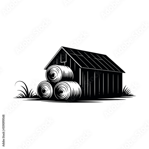 Rustic barn with hay bales and grass shed straw