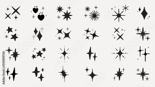 A collection of star and sparkle icons in various shapes. Star shapes and sparkle designs in a minimalist style. Perfect for star-themed projects and sparkle effects. Element vector set.