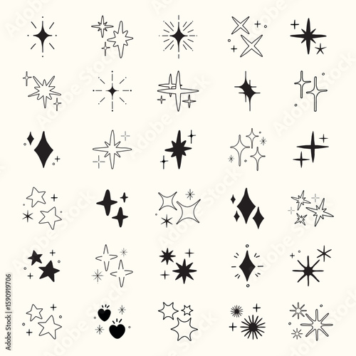 A collection of star and sparkle icons in various shapes. Star shapes and sparkle designs in a minimalist style. Perfect for star-themed projects and sparkle effects. Element vector set.