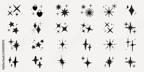 A collection of star and sparkle icons in various shapes. Star shapes and sparkle designs in a minimalist style. Perfect for star-themed projects and sparkle effects. Element vector set.