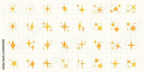Collection of yellow star and sparkle icons on a grid background. Stars and sparkles in various shapes and sizes. Bright yellow star and sparkle designs. Element vector set.
