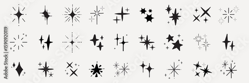 A collection of star and sparkle icons in various shapes. Star shapes and sparkle designs in a minimalist style. Perfect for star-themed projects and sparkle effects. Element vector set.