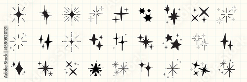 A collection of star and sparkle icons in various shapes. Star shapes and sparkle designs in a minimalist style. Perfect for star-themed projects and sparkle effects. Element vector set.