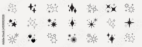 Collection of black star and sparkle icons. Various star shapes and sparkles. Simple star and sparkle designs. Minimalist star and sparkle graphics. Element vector set.