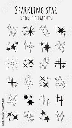 Collection of sparkling star doodles. Various star shapes and sparkling designs. Perfect for creative projects. Star doodles add sparkle and charm. Element vector set.
