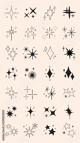 Collection of star and sparkle icons. Various star shapes and sparkle designs. Simple star and sparkle illustrations on a light background. Element vector set.