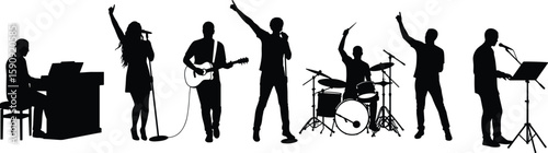 Silhouette of diverse band performing with piano, guitar, drums, vocalists, music concert, live entertainment