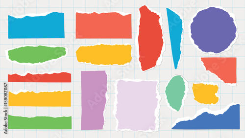 Colorful torn paper pieces in various shapes and sizes. Torn paper with vibrant colors. Paper scraps in blue, red, green, and more. Torn paper on grid background. Colorful element vector set.