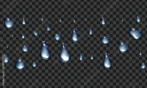 Vector water drop, drops, droplets. PNG drops, condensation on glass, on various surfaces. Realistic drops on a transparent background. Rain and dew.