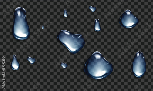 Vector water drop, drops, droplets. PNG drops, condensation on glass, on various surfaces. Realistic drops on a transparent background. Rain and dew.