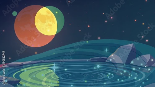 Celestial Dreams: A Sparkling Pool Reflects the Dance of Planets and Stars in a Mysterious Nightscape
